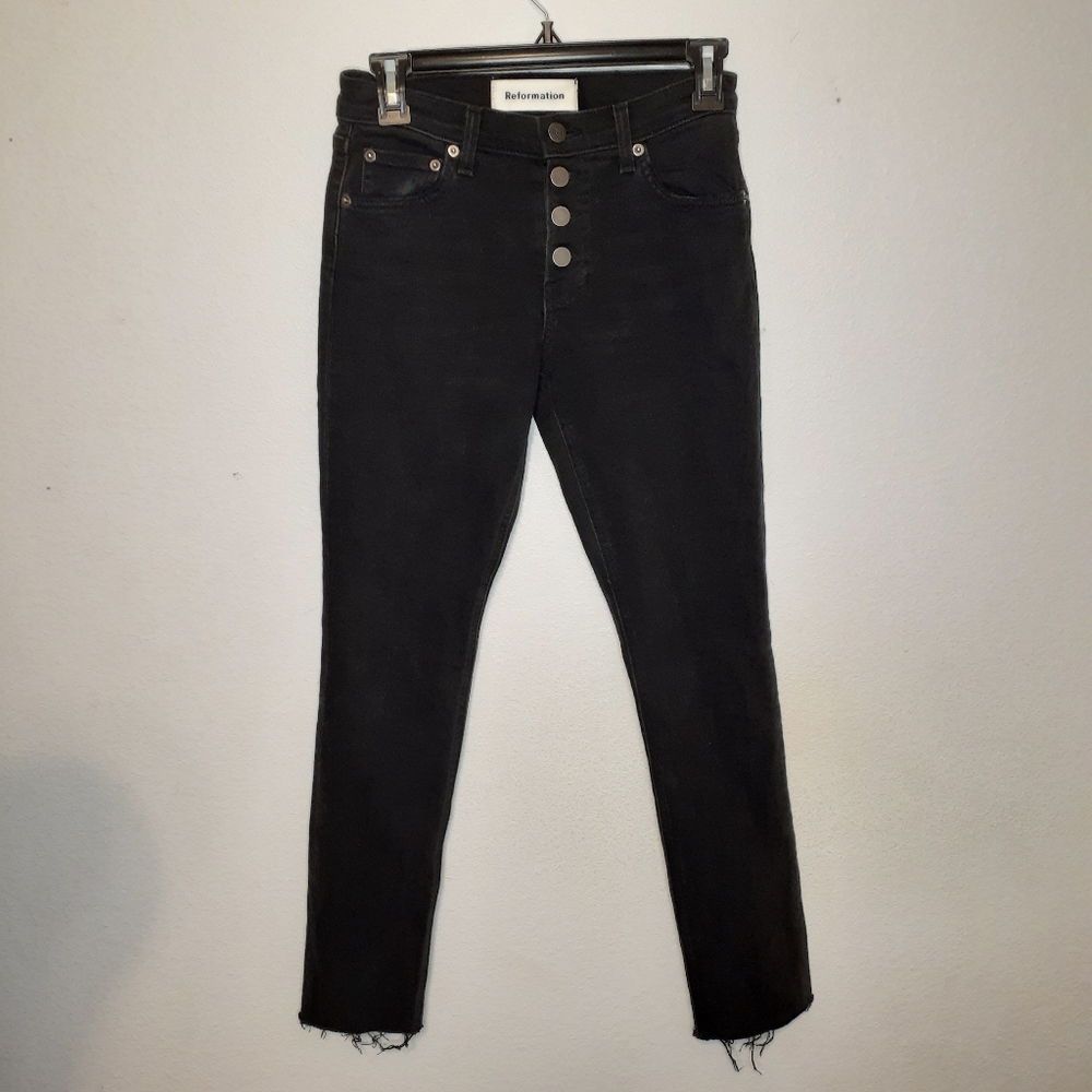 Reformation Gainsbourg Black Button Fly Raw Hem High Rise Skinny Jeans SZ 23 - Picture 2 of 8